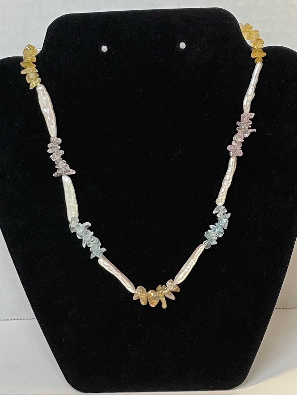 Chipped Quartz Amethyst Citrine Gemstone Necklace Biwa Pearl Bead 800 Silver 18”